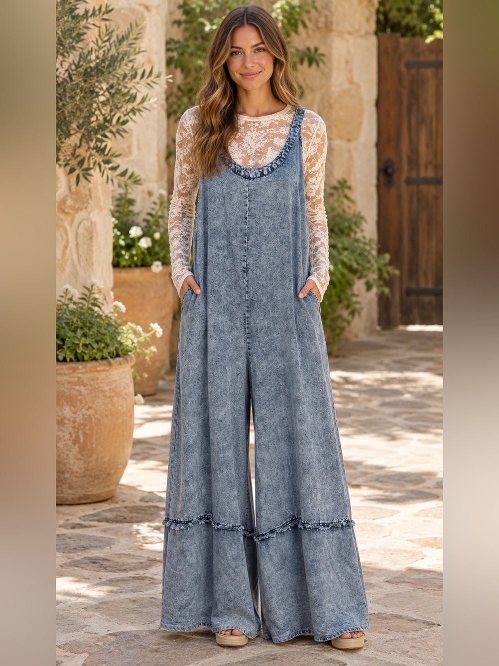 H295 New Oli & Hali M Washed Denim Wide Leg Jumper Overall Tencel Pants